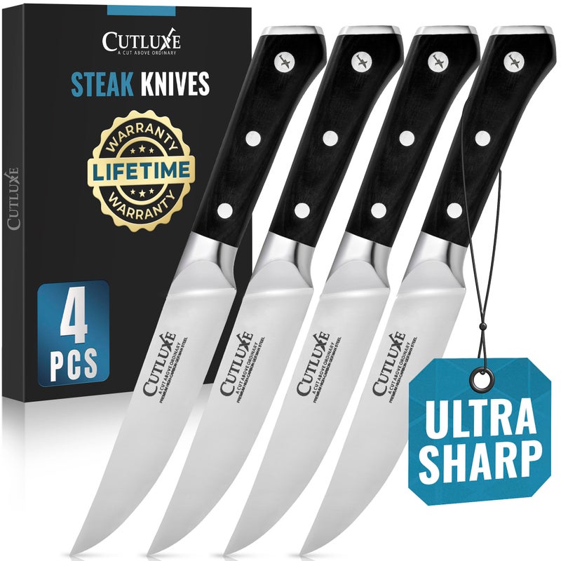 Cutluxe Steak Knives Set of 4, Straight Edge Steak Knife Set â€“ Forged High Carbon German Steel, Full Tang, Ergonomic Handle Design â€“ Artisan Series - Image 1